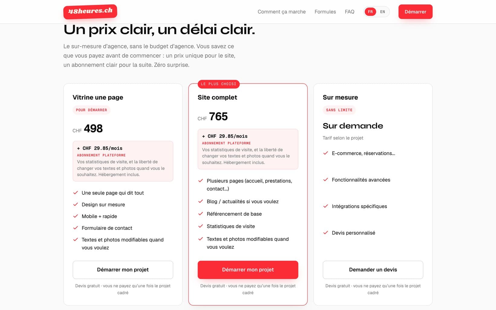 The 48heures.ch packages: one-page site at CHF 498 and full website at CHF 765, platform subscription included