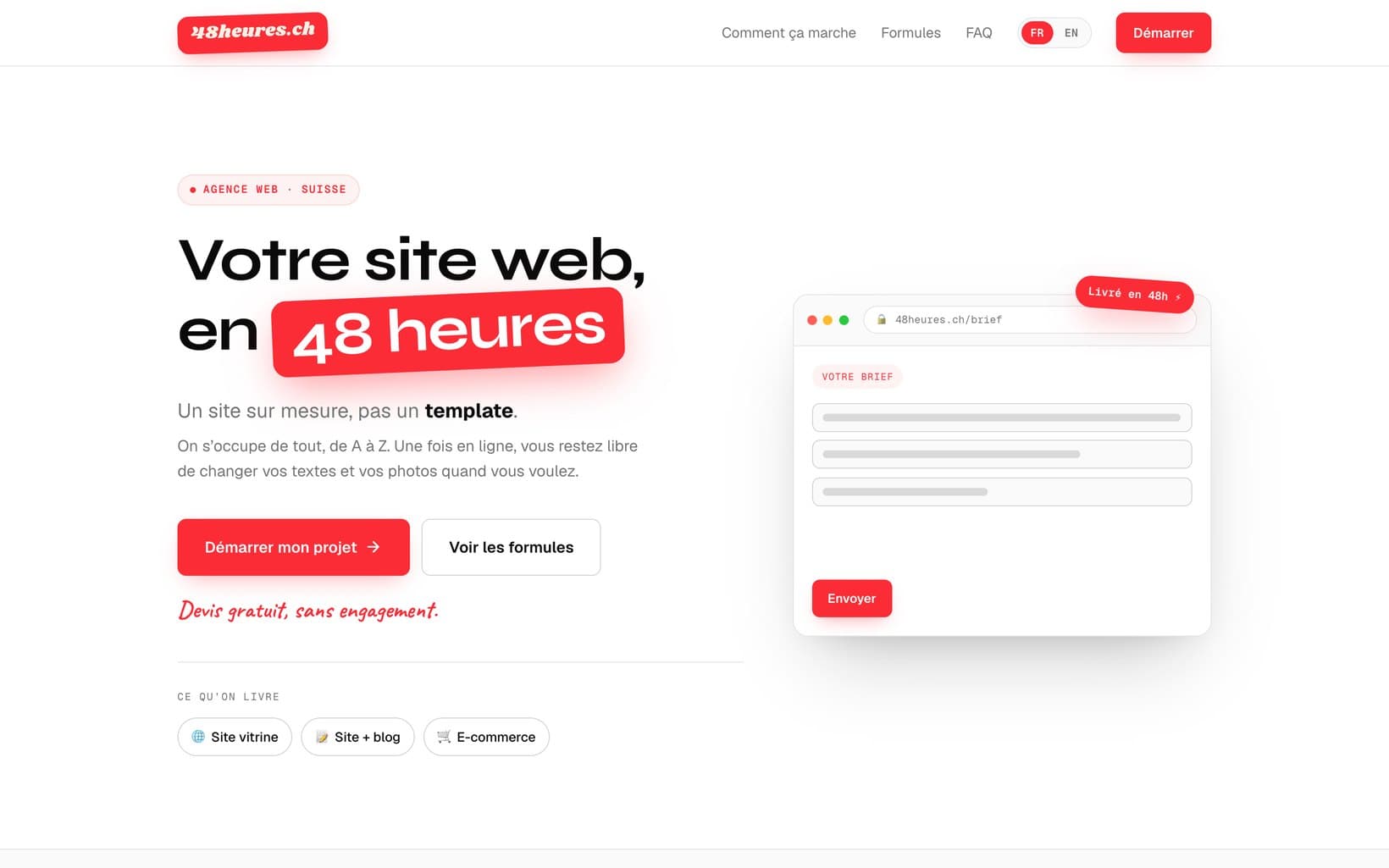 The 48heures.ch homepage: “Your website, in 48 hours”, a custom site, not a template