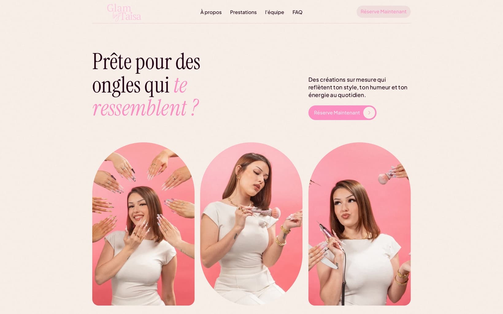 Le site glambytaisa.ch : logo serif rose, univers crème et rose, photos de Taïsa en arches