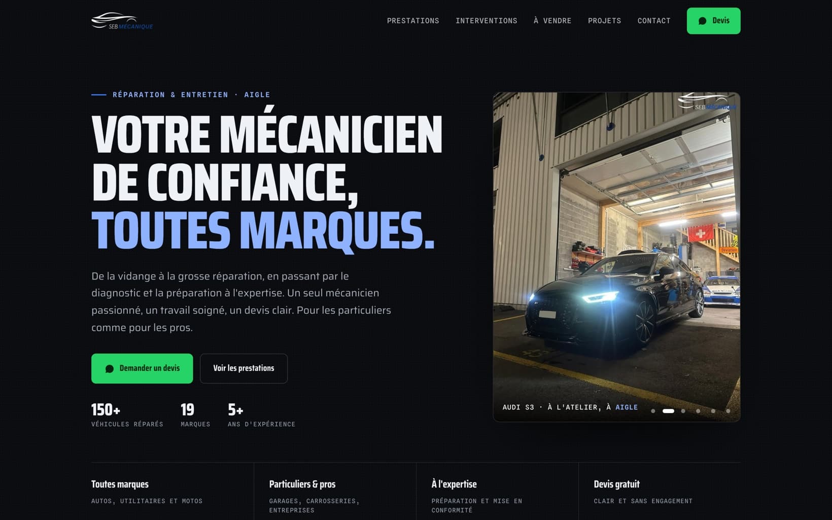O hero da Seb Mécanique: um mecânico de confiança de todas as marcas, com os contadores 150+ carros, 19 marcas, 5+ anos
